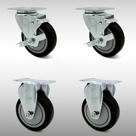 Service Caster 4 Inch SS Black Polyurethane Top Plate Caster Set with 2 Brake 2 Rigid SCC SCC-SS20S414-PPUB-BLK-TLB-2-R414-2